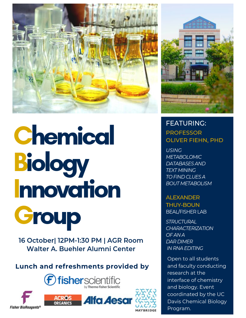 CBIG Meeting Flyer for October 16, 2019 featuring Dr. Oliver Fiehn and Alex Thuy-Boun as speakers